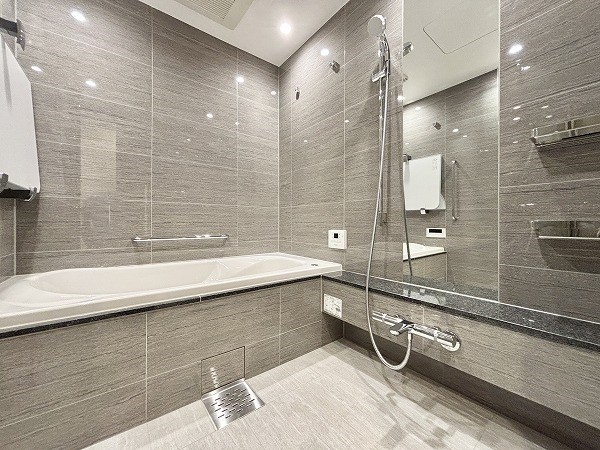 アトラス麻布台_グレーのパネルのバスルームの写真