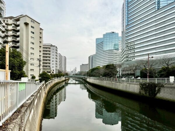 『グローリア初穂御殿山』前の目黒川の様子